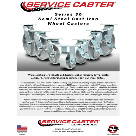 Service Caster 4 Inch Semi Steel Swivel Caster Set with Roller Bearings 2 Brakes SCC-30CS420-SSR-2-TLB-2